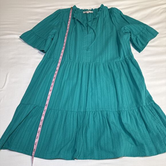 Ann Taylor LOFT Geometric Tiered Ruffle Short Sleeve Teal Embroidered XL Dress - Picture 9 of 12